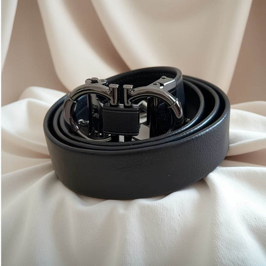 Men’s Black Faux Leather Belt with Golden Automatic Buckle - Mens Attire