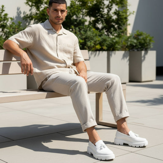 White shoes on a red background with promotional text and Buxky logo.