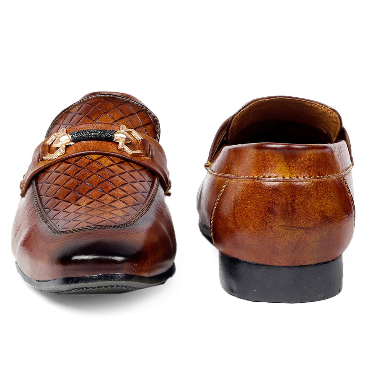 Brown leather loafers with woven detail on a white background