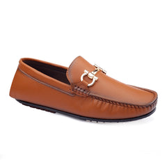 Brown leather loafer with a gold buckle on a white background