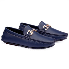 Pair of navy blue loafers with gold accents on a white background