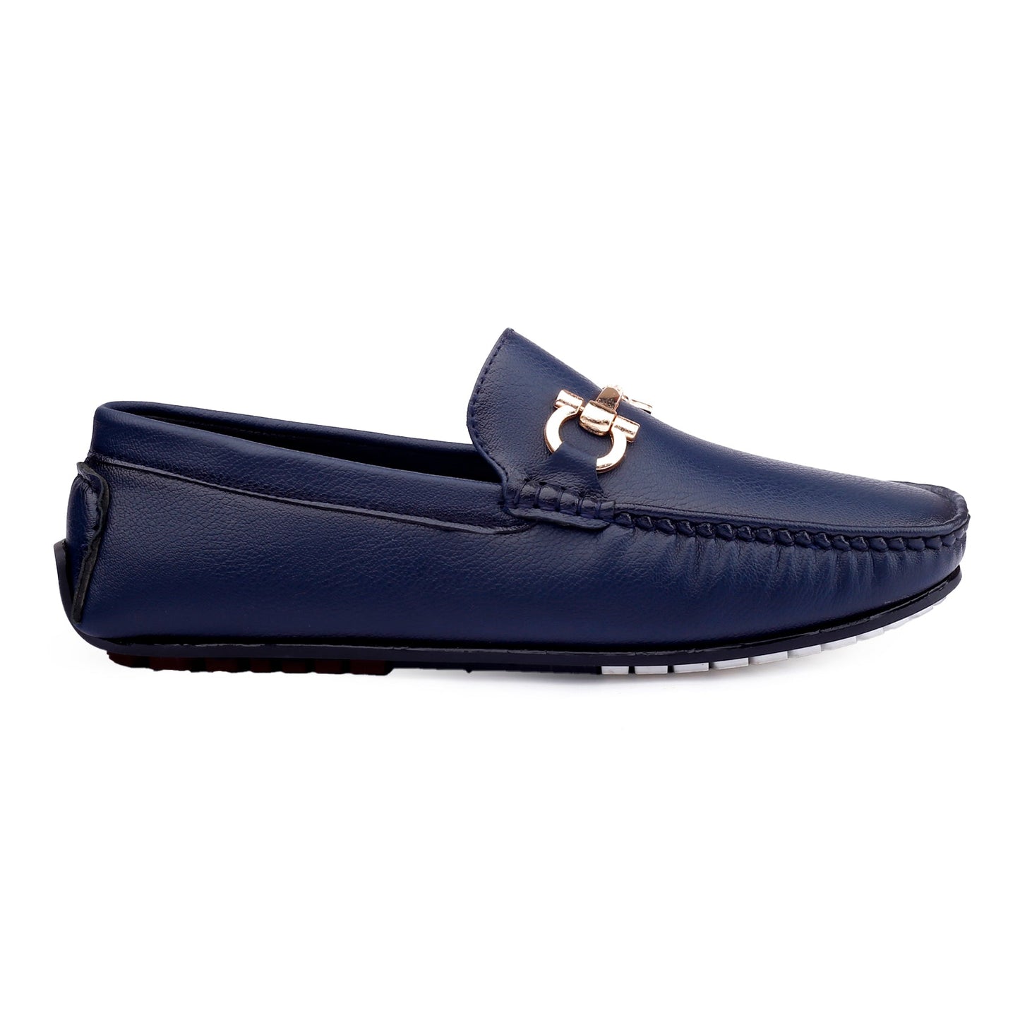 Navy blue loafer with a gold buckle on a white background