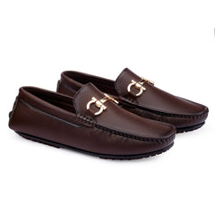 Pair of brown loafers with gold accents on a white background