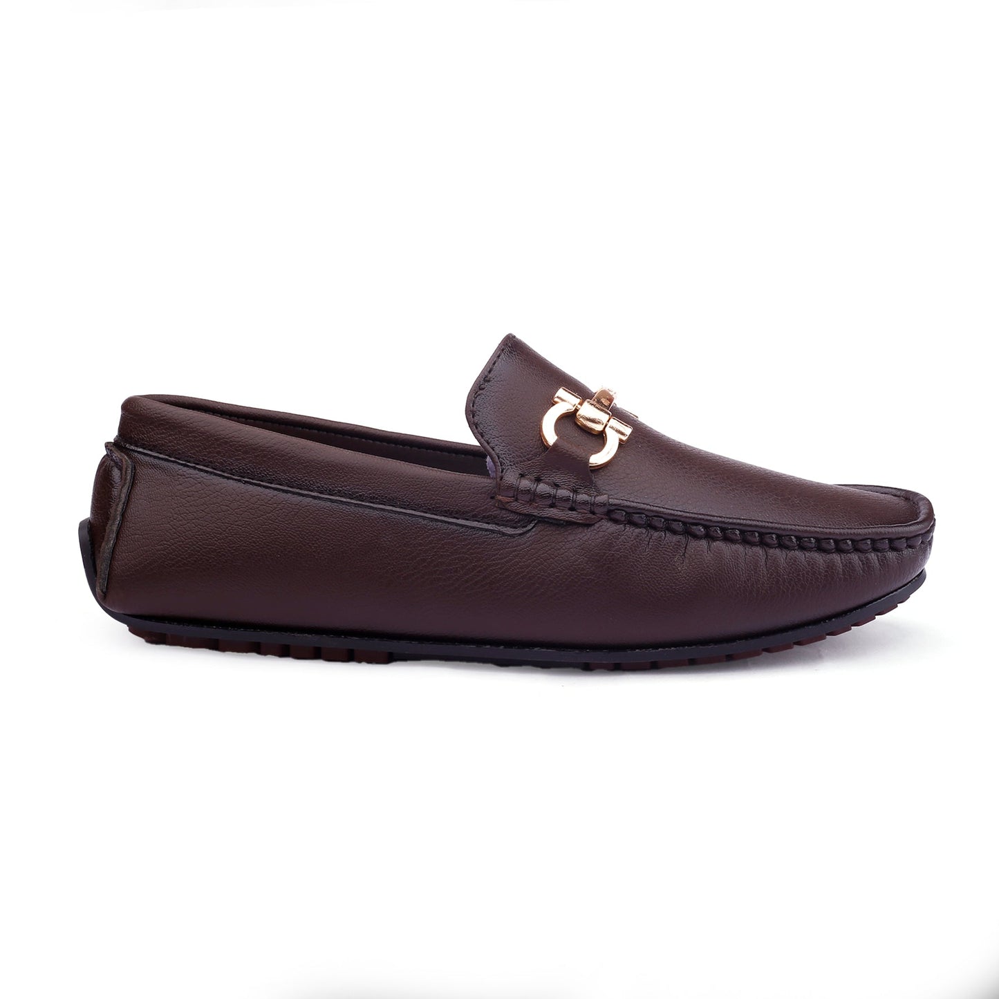 Brown leather loafer with a gold buckle on a white background