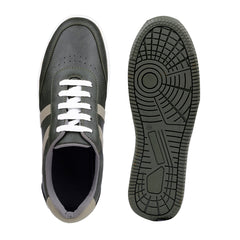 Gray and black sneaker with white laces, showing top and sole view on a white background.