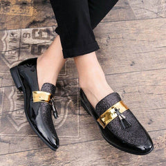 Men Flat Black Golden Formal Patchwork Shoe PU Leather Casual Men-JM - SunglassesMart