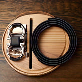 Men’s Black Faux Leather Belt with Golden Automatic Buckle - Mens Attire