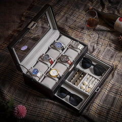 Deluxe 12-Slot Watch & Jewelry Storage Box – Faux Leather Organizer - Mens Attire