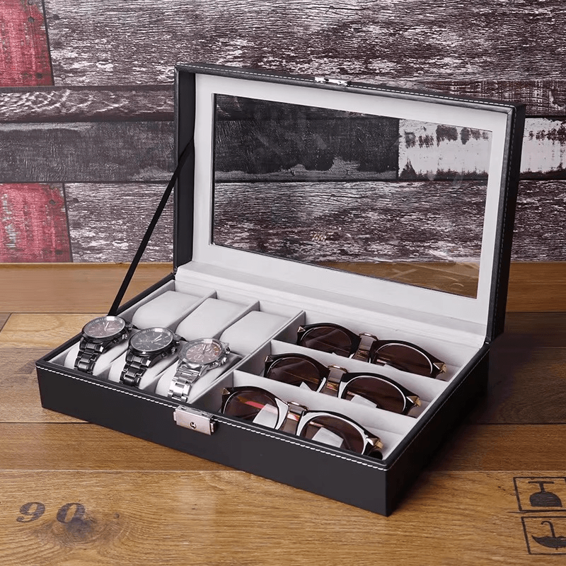 PU Leather 6-Position Watch Box with 3-Slot Sunglasses Display Storage Box - Mens Attire