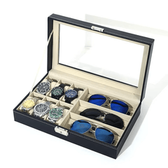 PU Leather 6-Position Watch Box with 3-Slot Sunglasses Display Storage Box - Mens Attire
