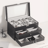 12 Slot Faux Leather Lockable Watch Organizer Box, 3-Tier Jewelry & Sunglasses Display Case - Mens Attire