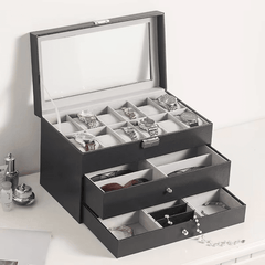 12 Slot Faux Leather Lockable Watch Organizer Box, 3-Tier Jewelry & Sunglasses Display Case - Mens Attire