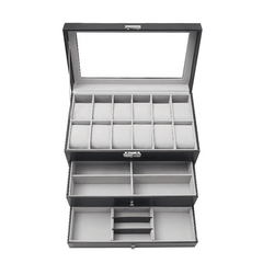 12 Slot Faux Leather Lockable Watch Organizer Box, 3-Tier Jewelry & Sunglasses Display Case - Mens Attire