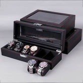 Black Carbon Fiber Glossy Wooden Watch Box – 6/10/12 Slot Storage Organizer - Mens Attire