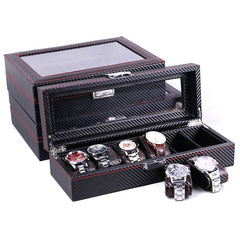 Black Carbon Fiber Glossy Wooden Watch Box – 6/10/12 Slot Storage Organizer - Mens Attire