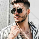 Classic Hexagonal Rectangular Sunglasses (56 mm, Silver Frame) - Mens Attire