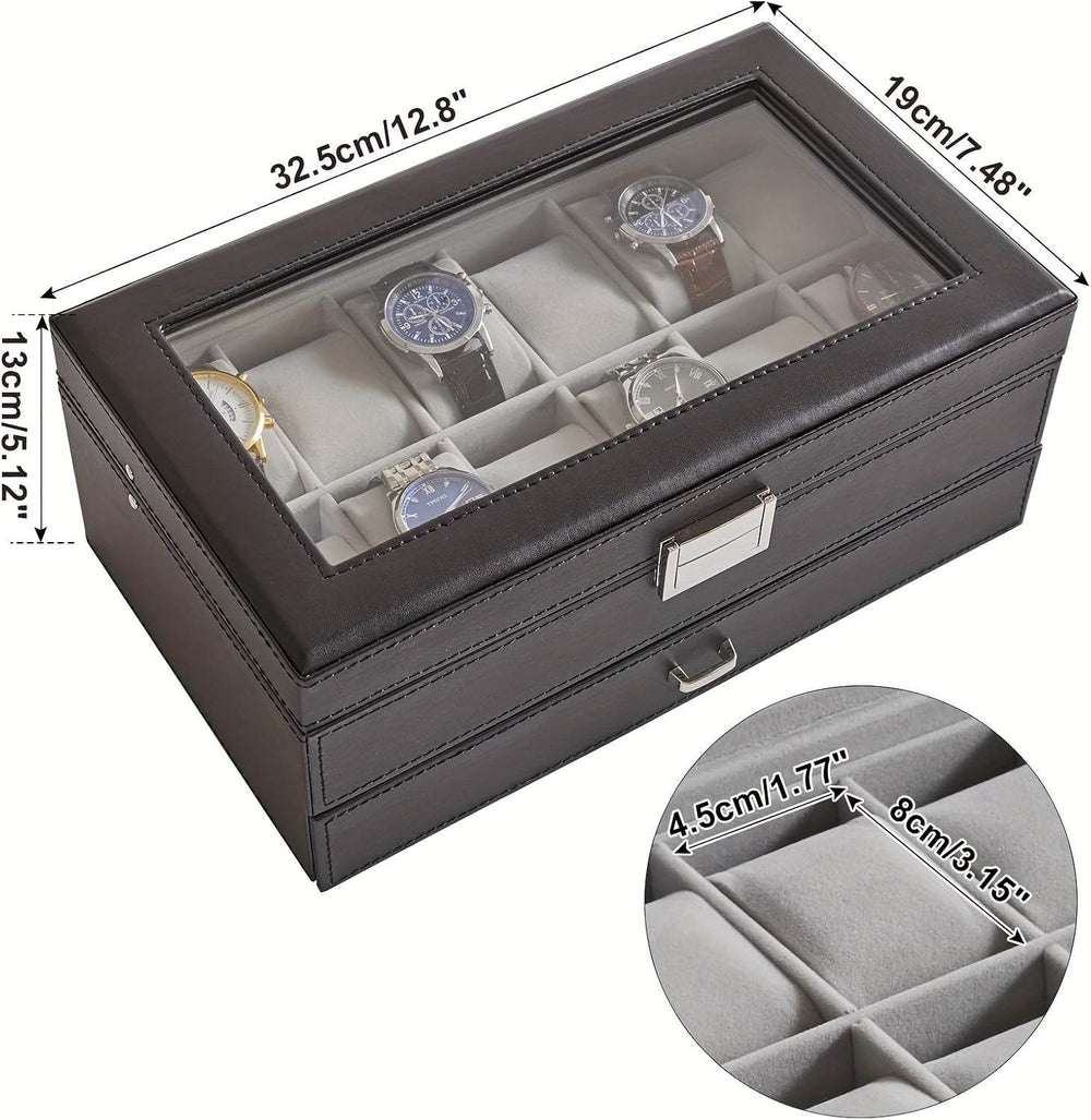 Deluxe 12-Slot Watch & Jewelry Storage Box – Faux Leather Organizer - Mens Attire