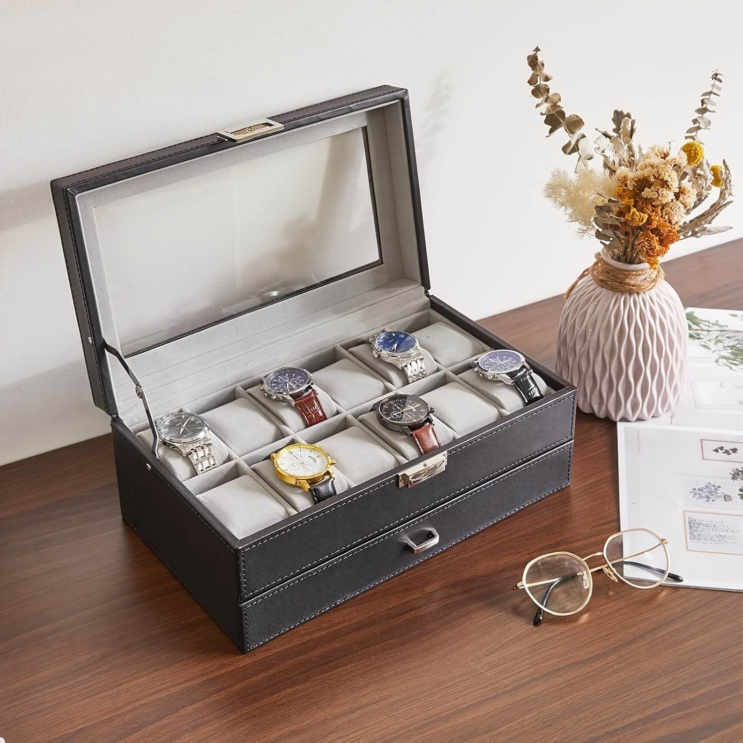 Deluxe 12-Slot Watch & Jewelry Storage Box – Faux Leather Organizer - Mens Attire