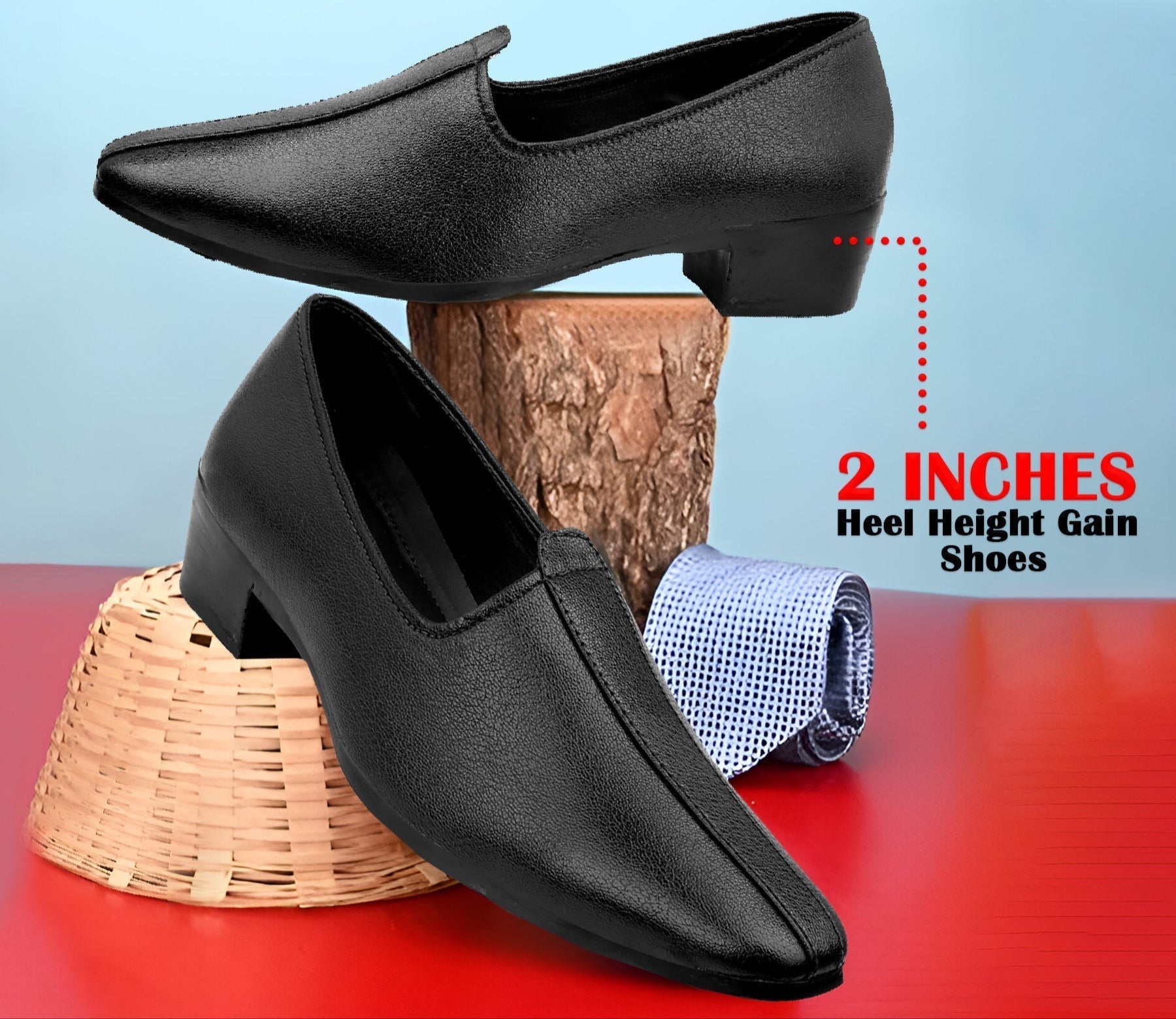 Black shoes with increased heel height on a red and blue gradient background, featuring the Mens Attire brand.