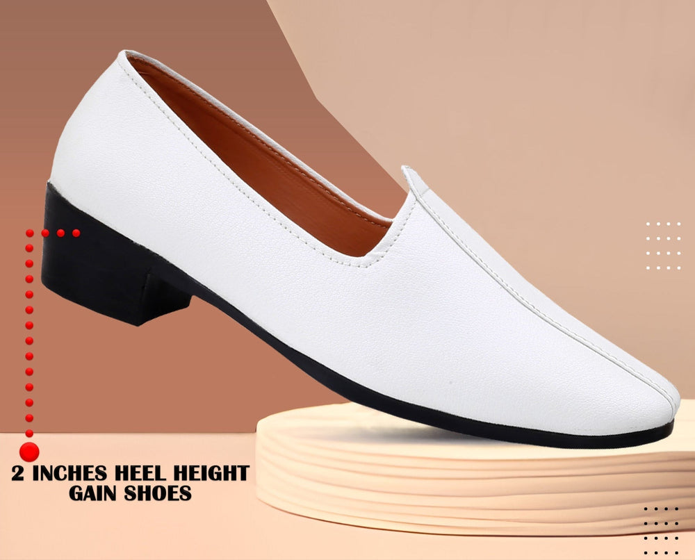 White shoe with a black heel on a beige background, featuring 'BZZY' brand and text about heel height increasing shoes.