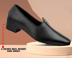 Black shoe with heel增高 feature on a brown background