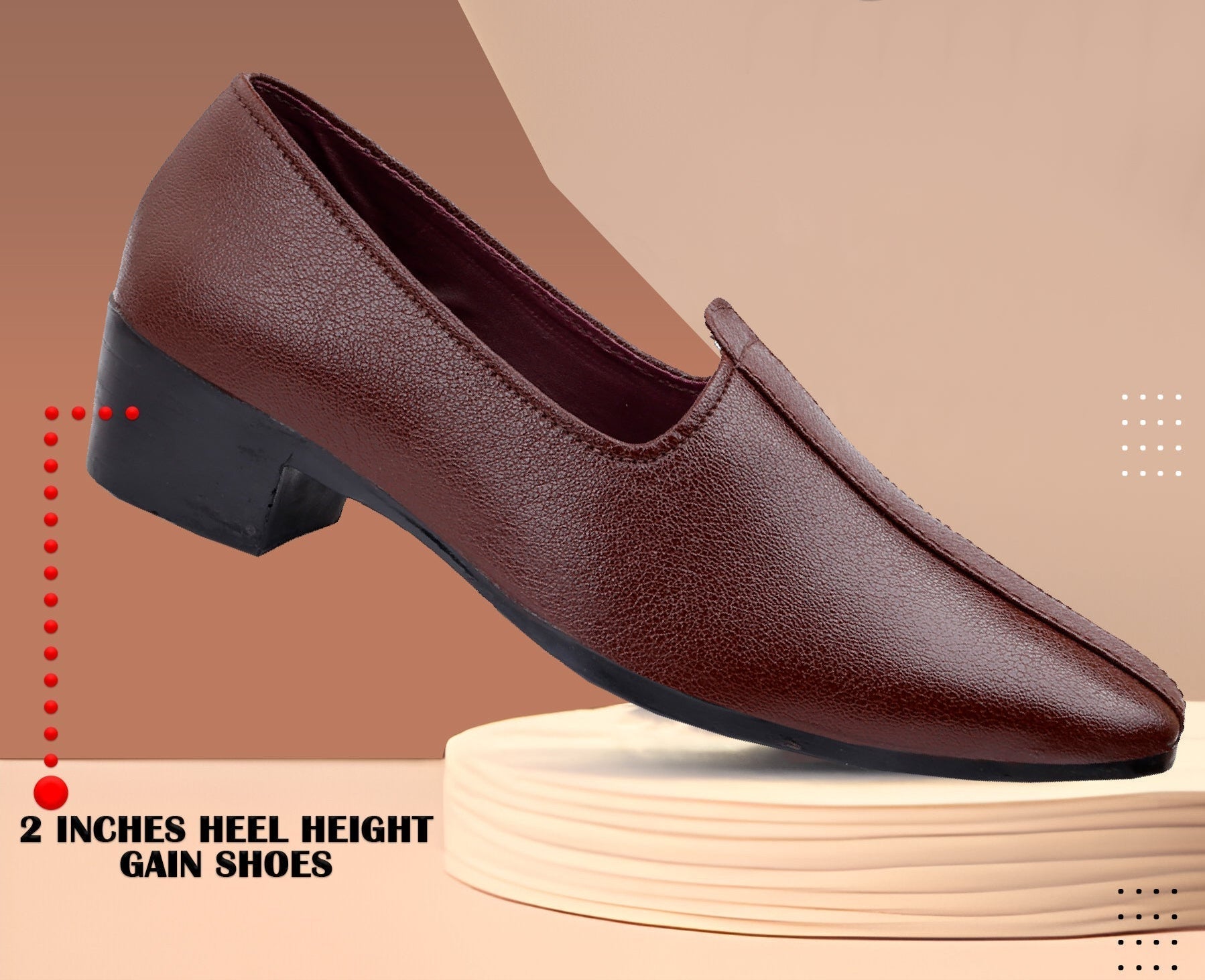 Brown shoe with heel increase feature on a beige background