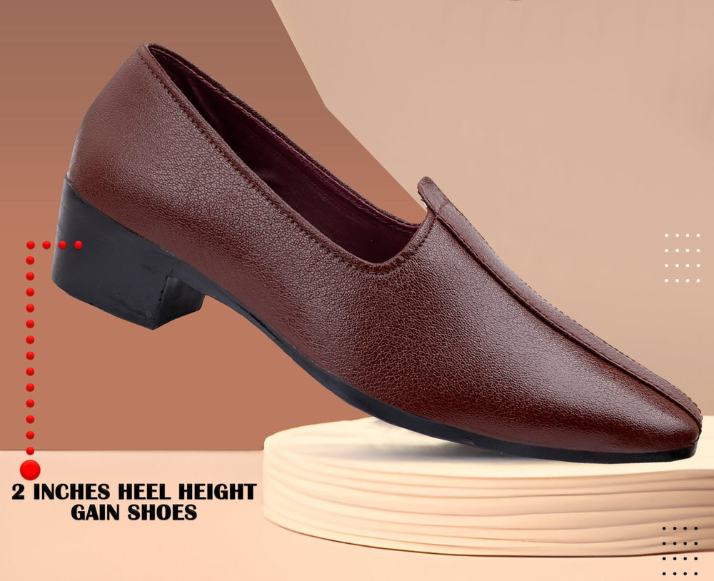 Brown shoe with heel increase feature on a beige background