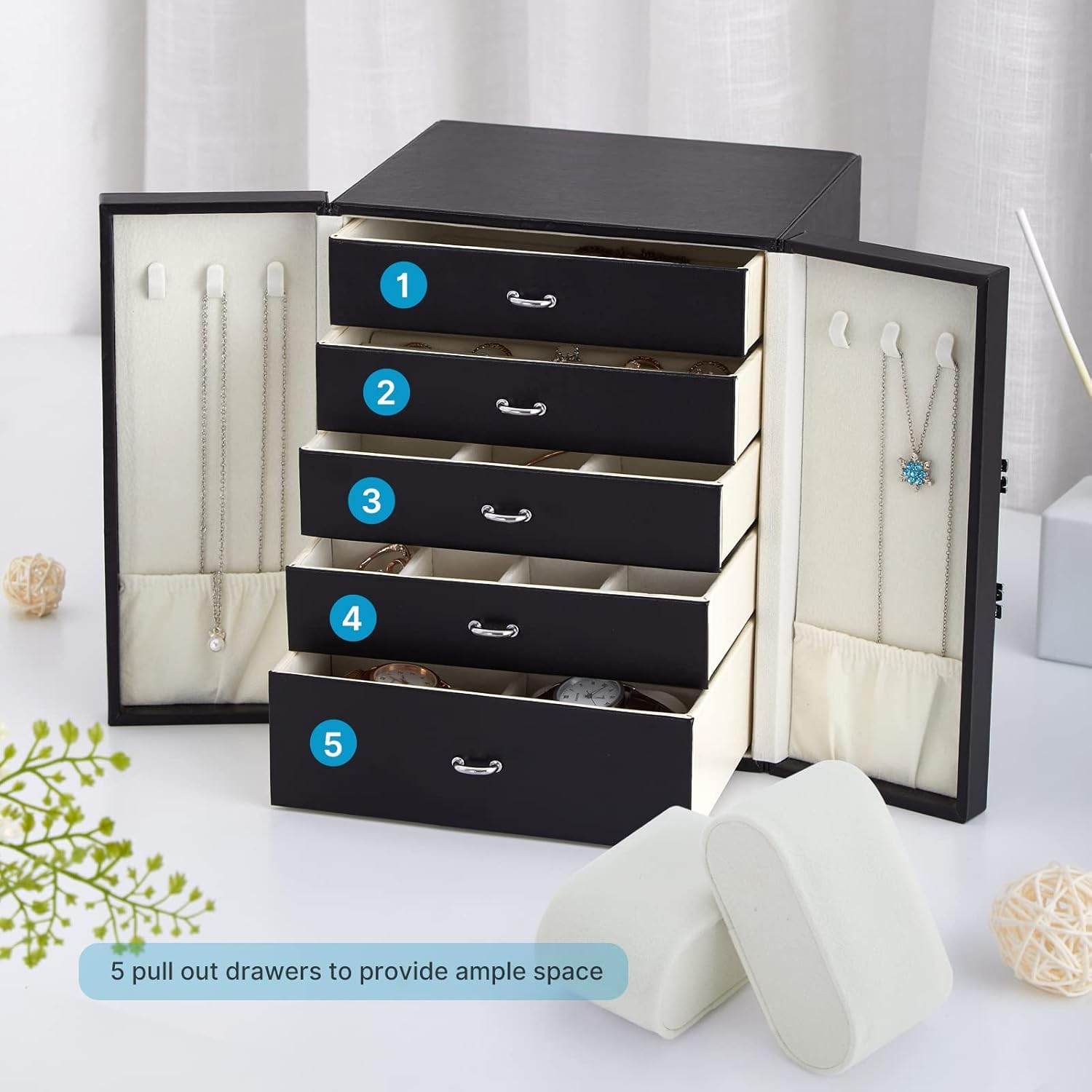 Convenient LuxuryJewellery Box with 5 Levels Large Jewellery Case with Drawer and Watch - Mens Attire