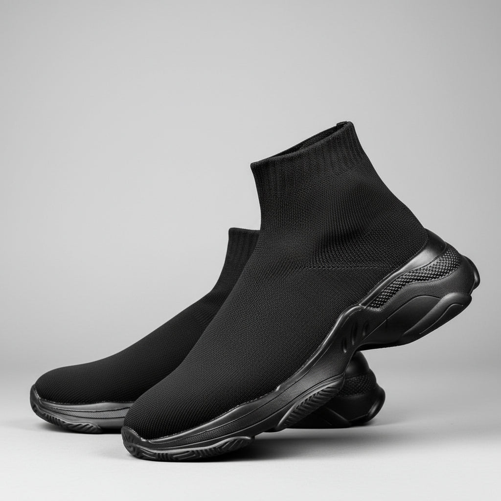 Black sock shoes worn by a person on a dark background