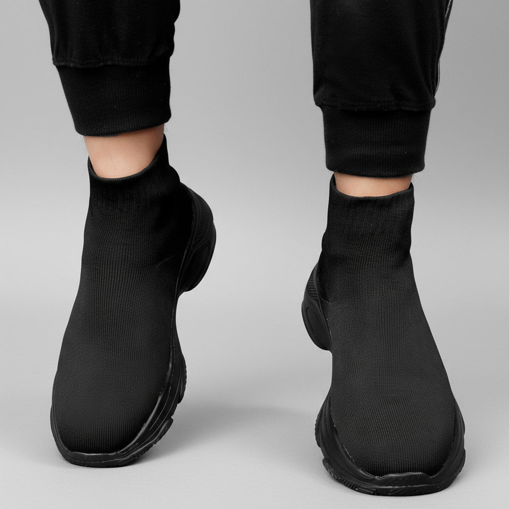 Black ankle boots worn with black pants against a dark background