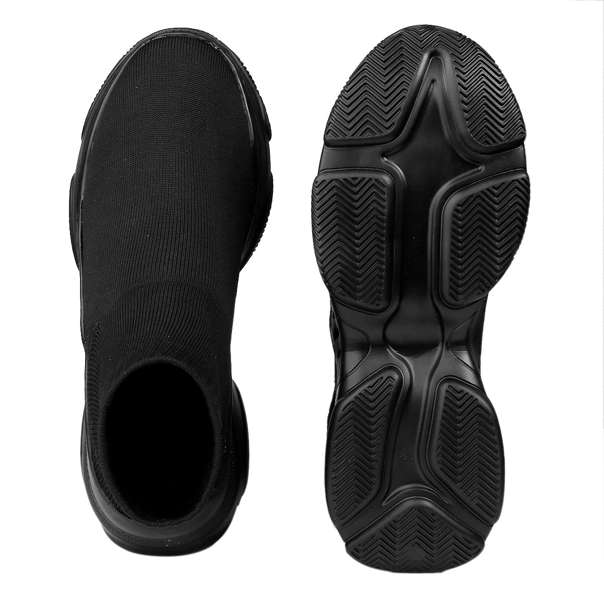 Black sock boot with sole view on a white background