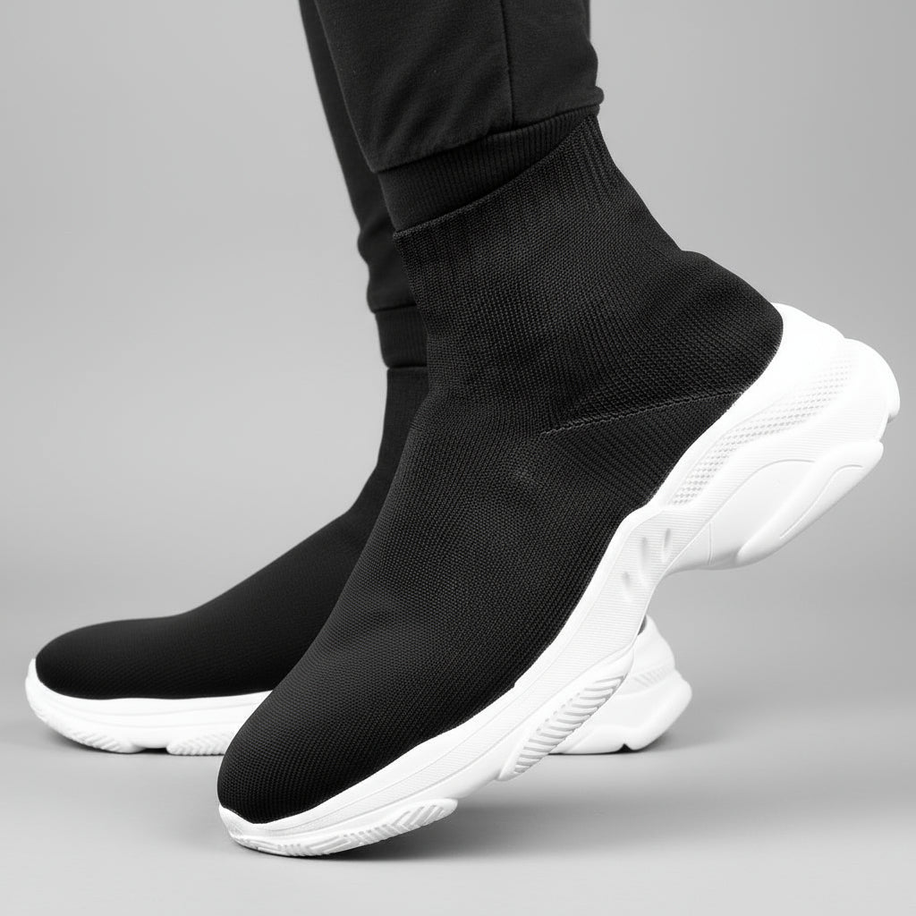 Black sock shoes with white soles worn by a person on a dark background