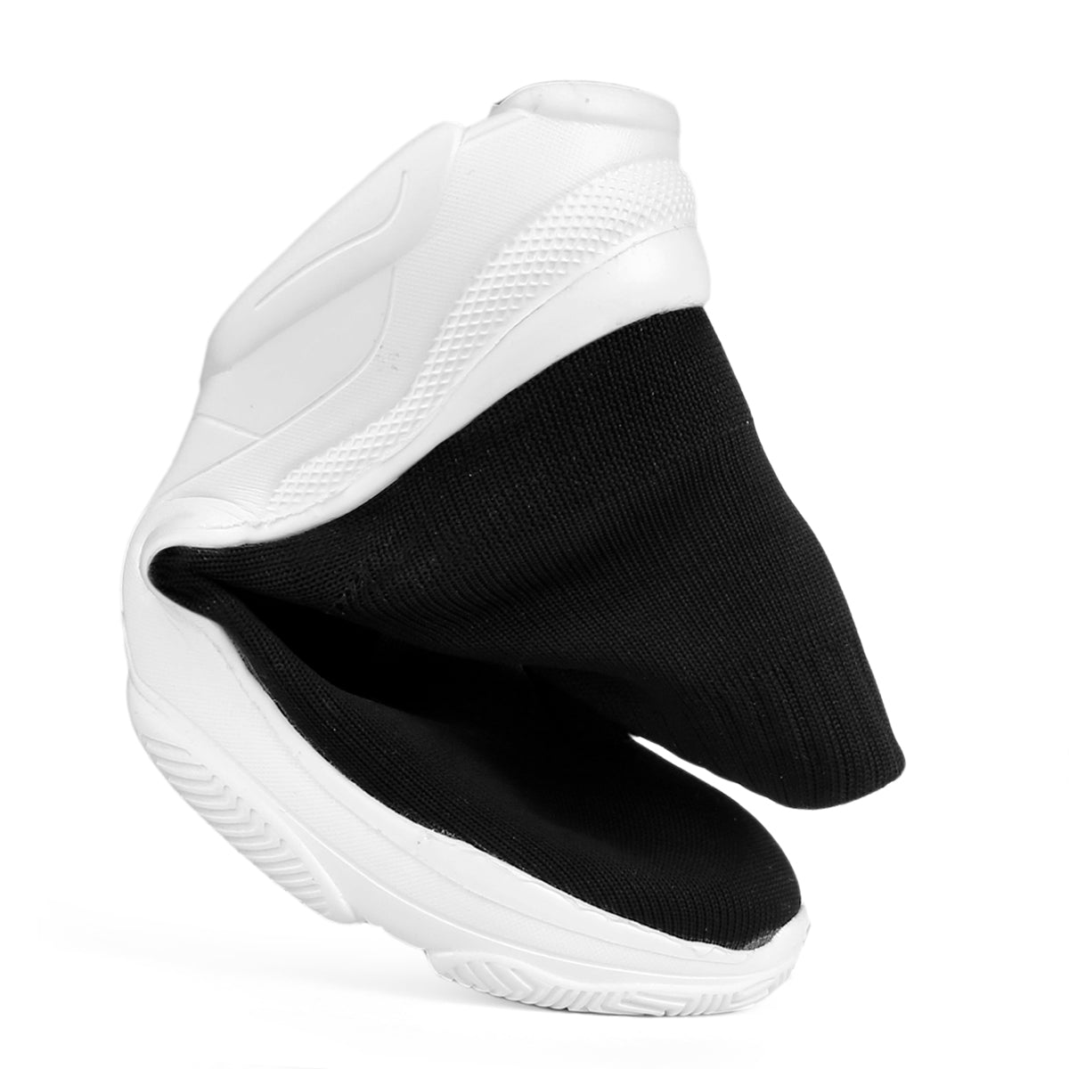 White slip-on shoes with black socks on a white background