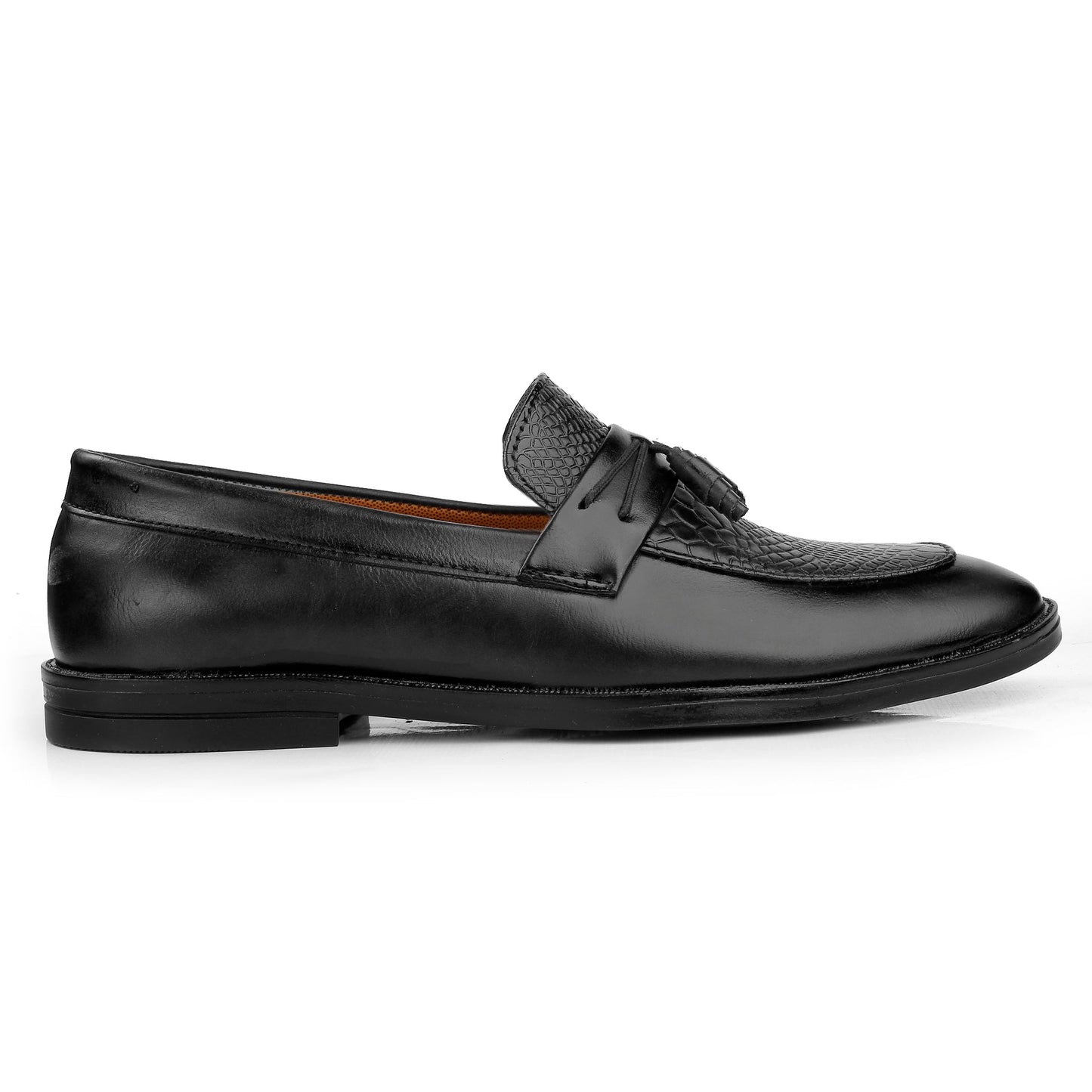 Black leather loafer shoe on a white background