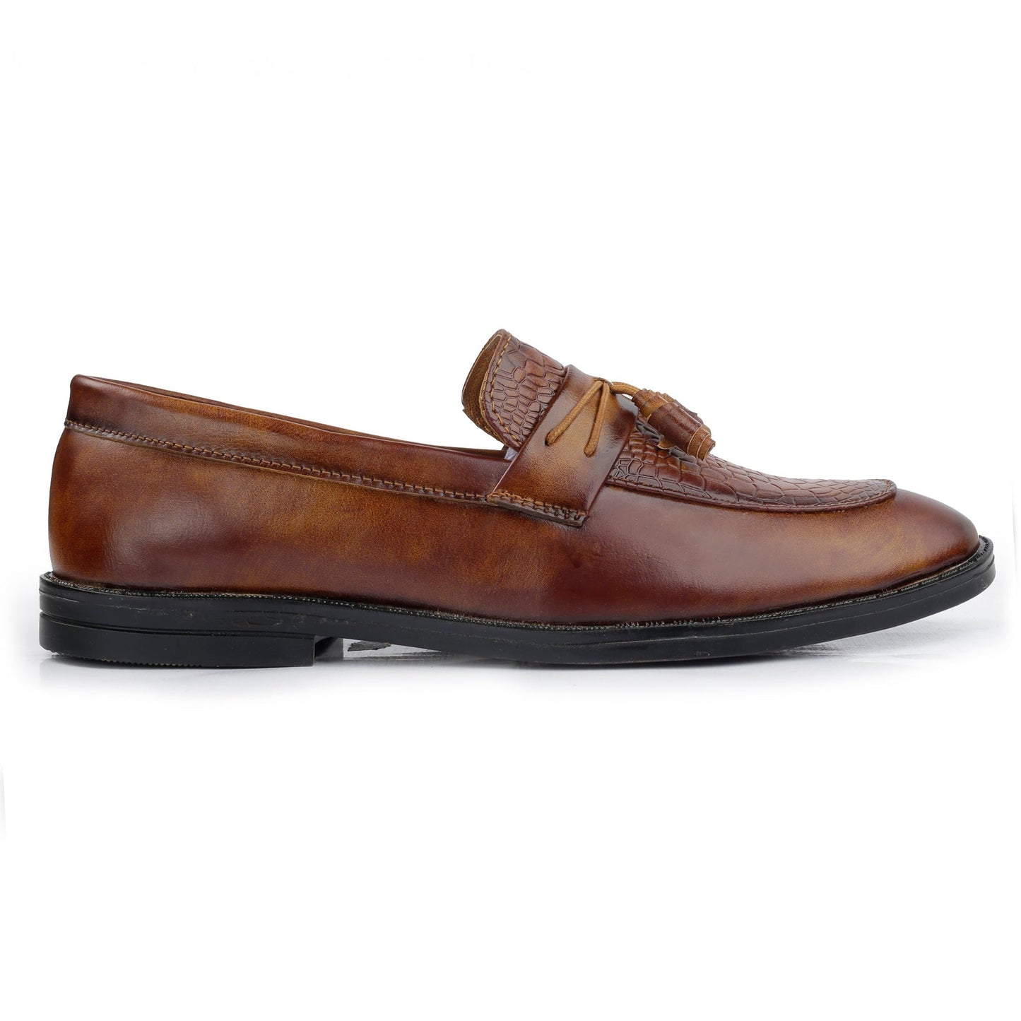 Brown leather loafer with tassel on a white background