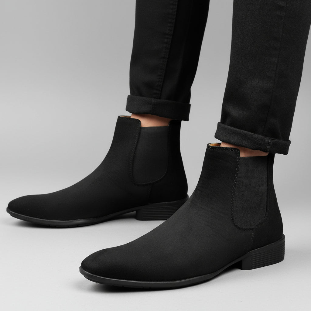 Black Chelsea boots worn with black pants against a neutral background