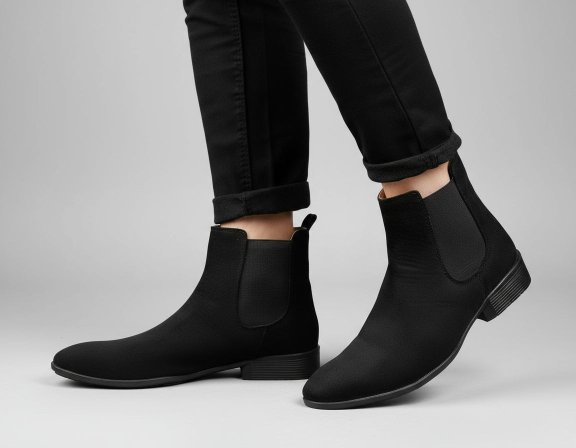 Black Chelsea boots worn with black pants on a neutral background