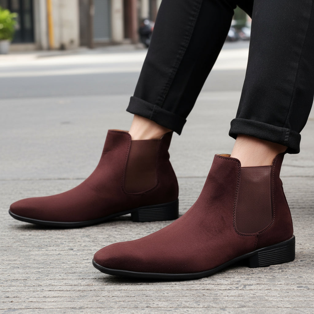 Brown suede ankle boots worn with black pants on a gray surface.