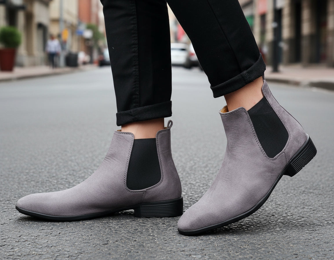 Gray Chelsea boots worn with black pants against a neutral background
