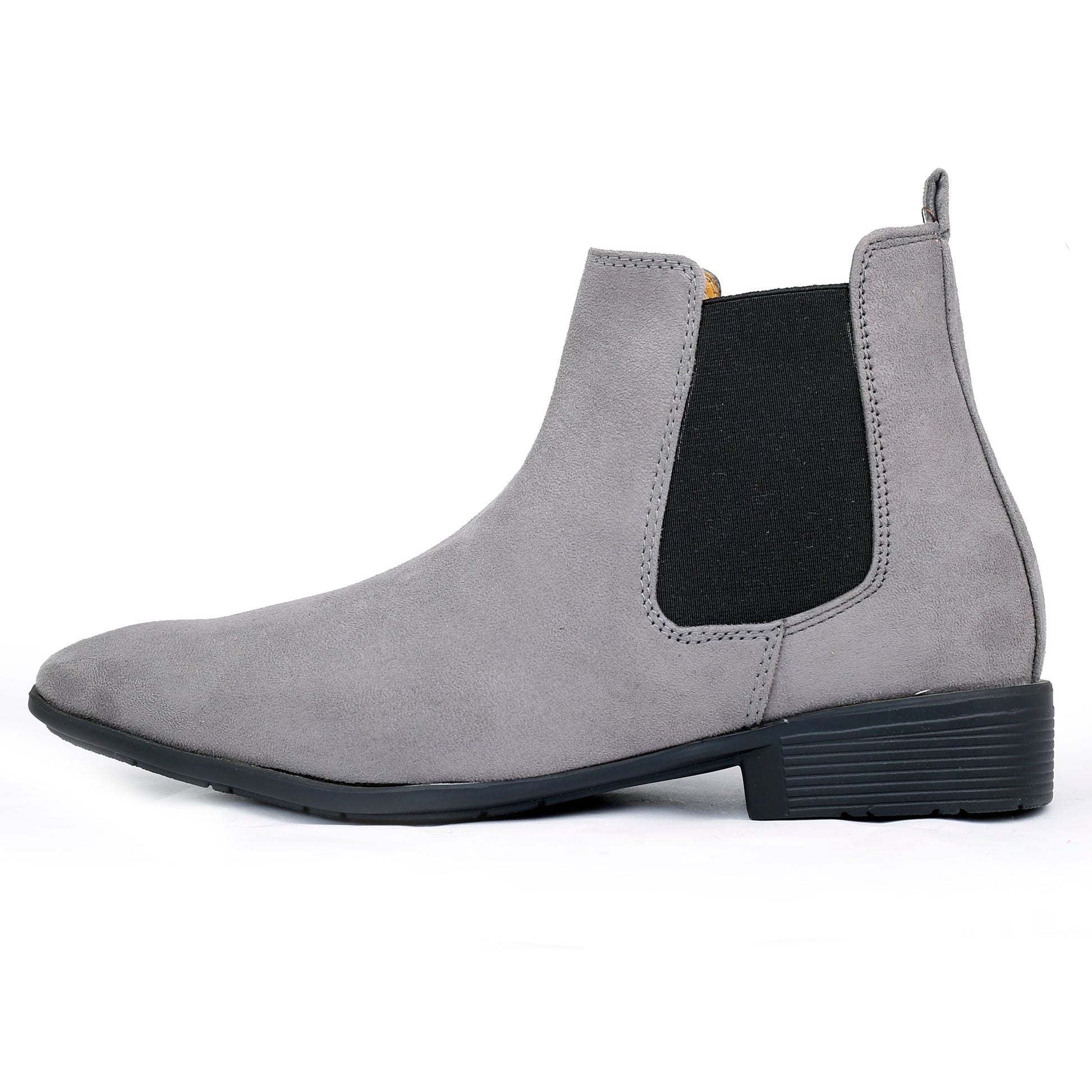 Gray Chelsea boot with black patch on a white background