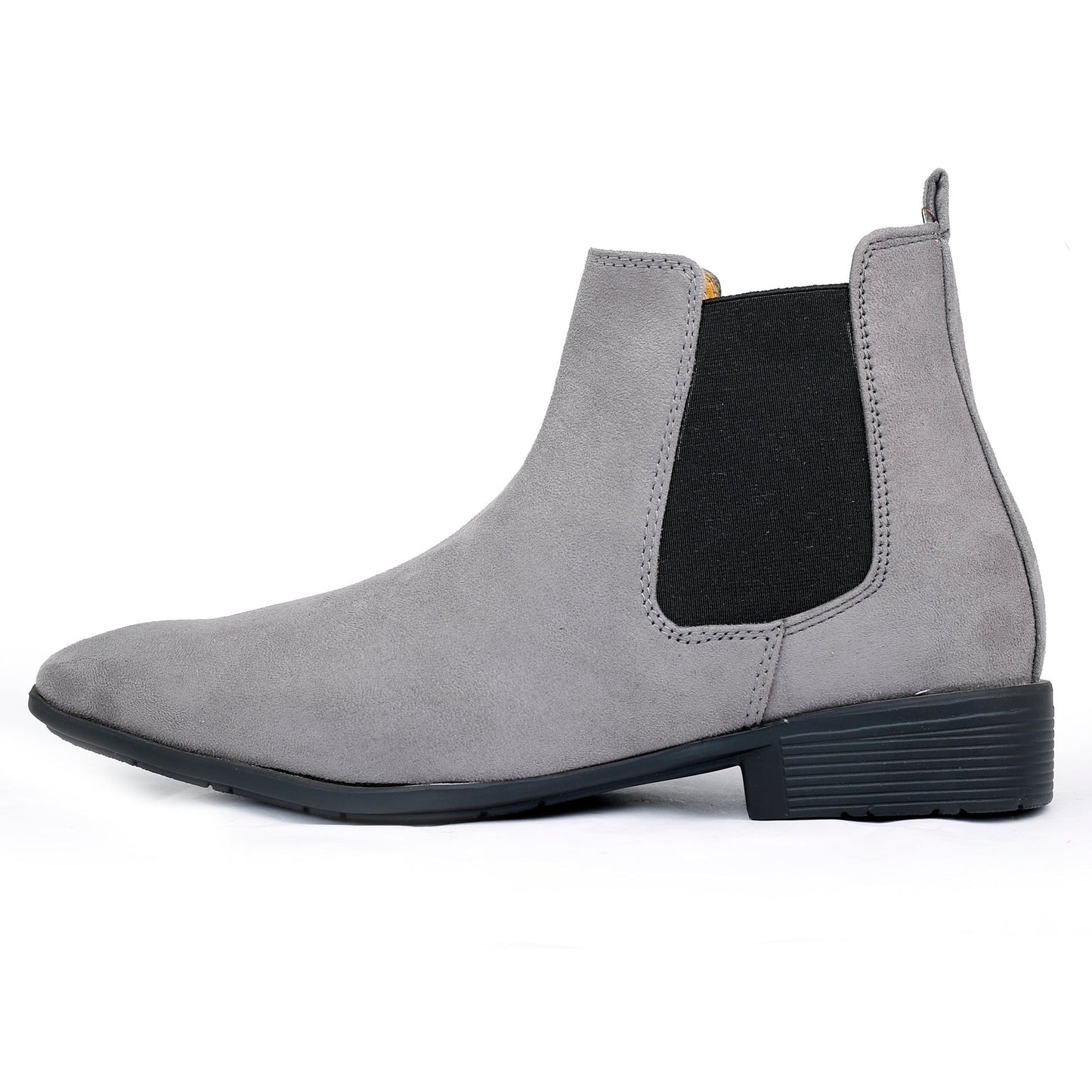Gray Chelsea boot with black patch on a white background