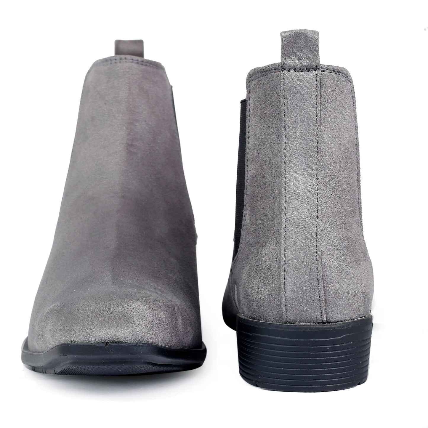 Pair of gray suede ankle boots on a white background