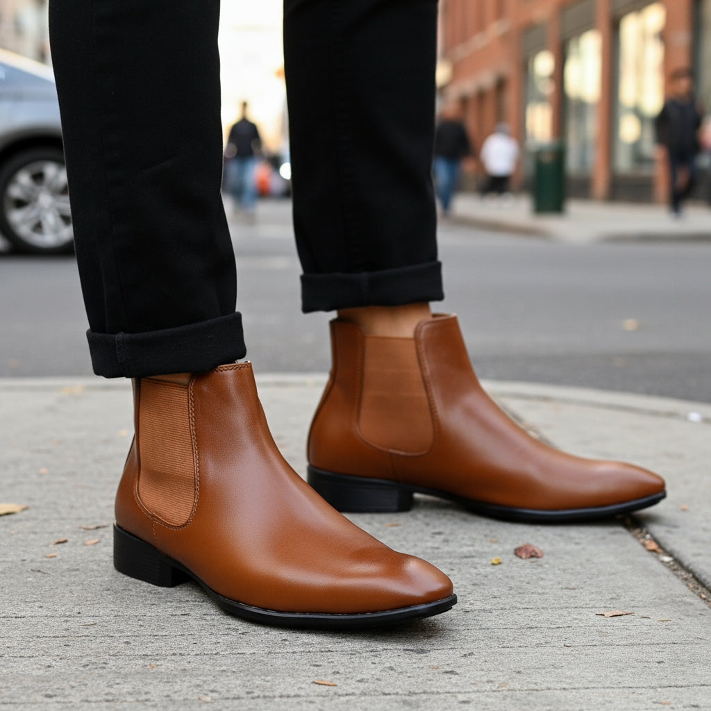 Brown leather ankle boots worn with black pants on a light background
