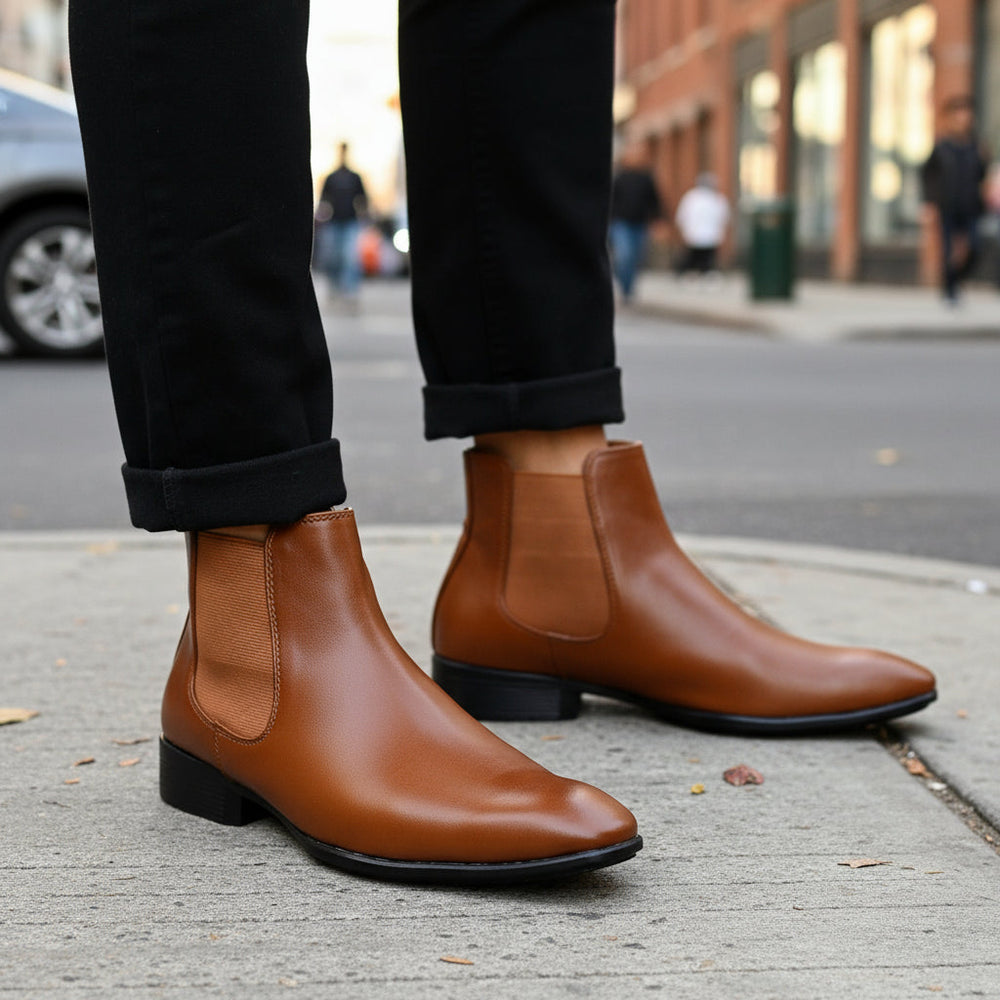 Brown leather ankle boots worn with black pants on a light background