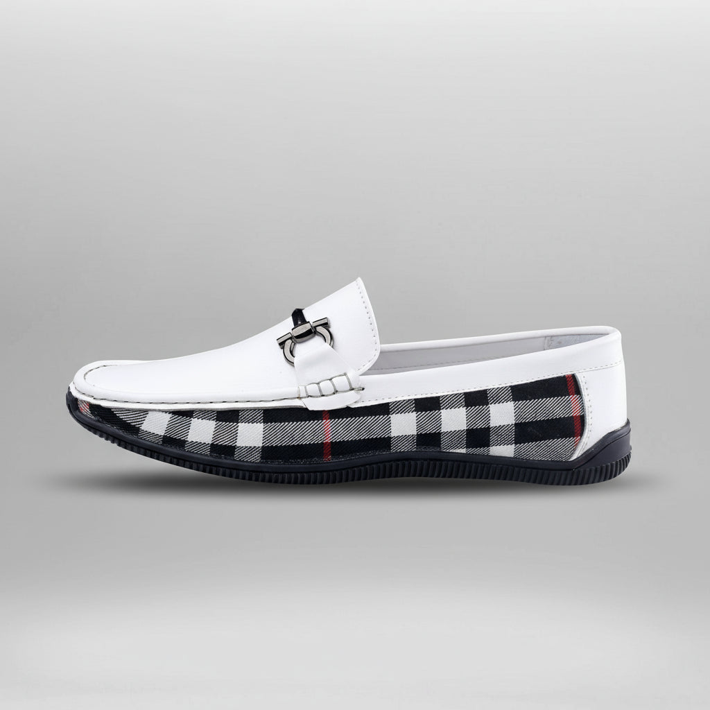 White loafer shoe with plaid pattern on sole, 
