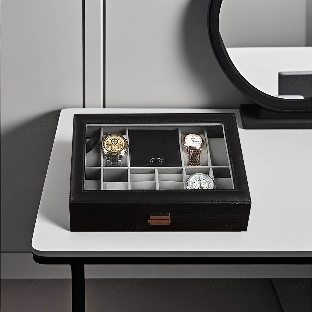 Elegant Black Flip-Top Jewelry Box – 8-Slot Faux Leather Storage Case - Mens Attire