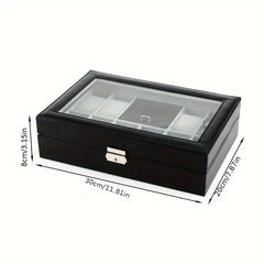Black jewelry box with glass top, dimensions indicated on a white background