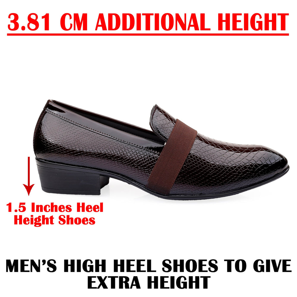 Brown men's high heel shoe with text indicating additional height and heel size.