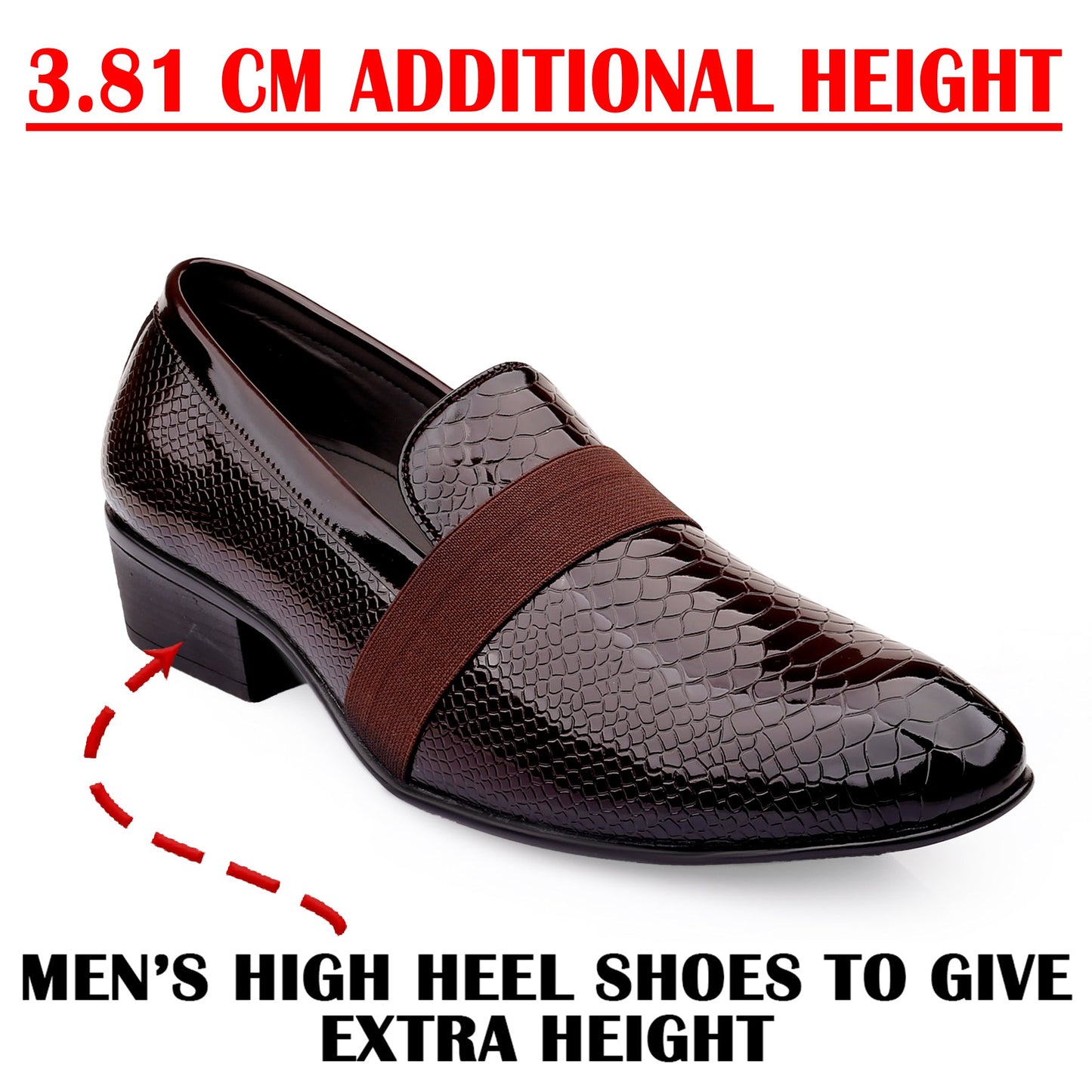 Brown men's high heel shoe with an additional height feature on a white background
