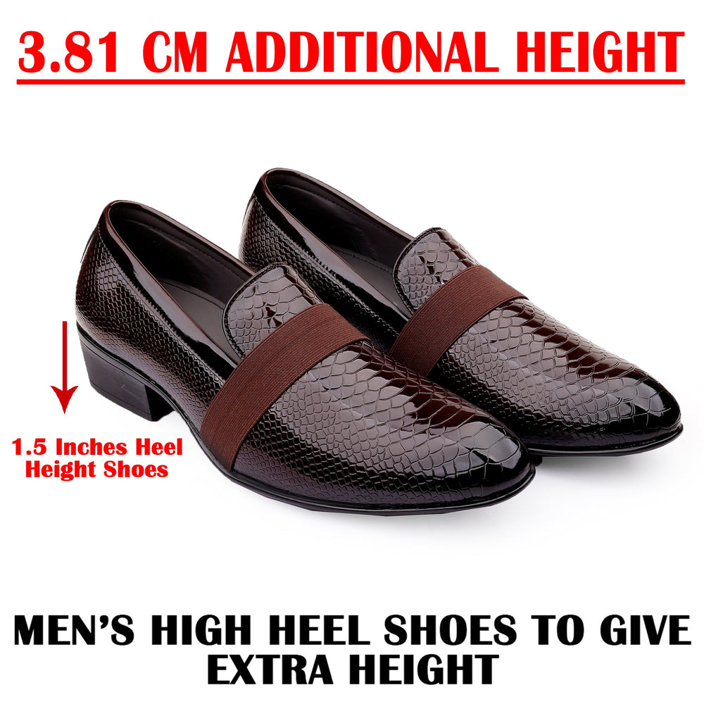 Brown men's high heel shoes with additional height text on a white background